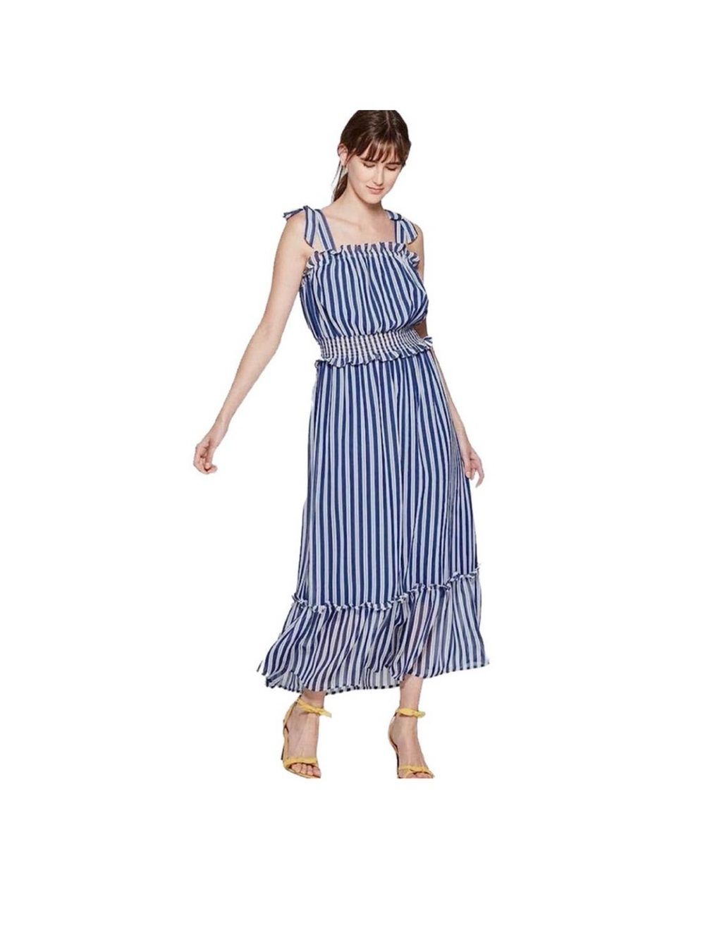 Who What Wear Navy and White Striped Tie-Shoulder Smocked Maxi Dress NWOT